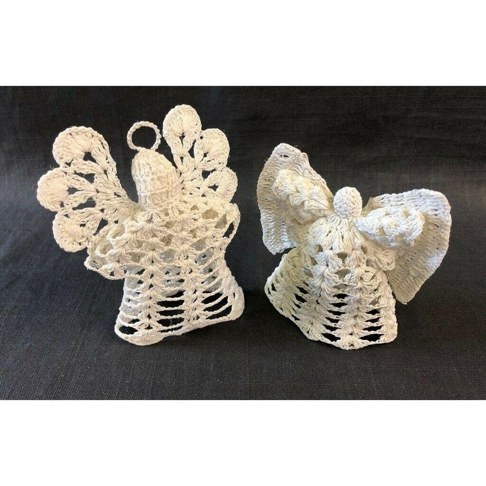 Angel Ornaments 2 Vintage Crochet Handcrafted Christmas Starched White Wings
